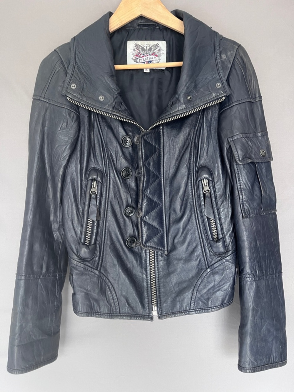 Firetrap Black Leather Moto Jacket Asymmetrical Zip Utility Biker Small